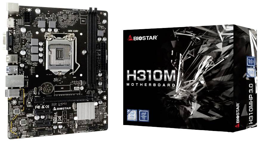 Une carte mère de Biostar, modèle H310M, est illustrée à gauche, à côté de son emballage de produit correspondant portant le même nom de modèle.