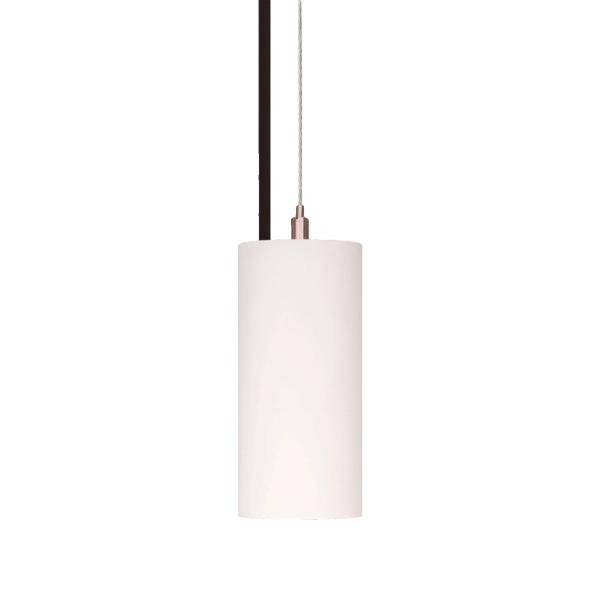 Suspension cylindrique blanche avec câble noir.