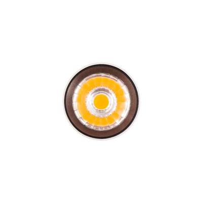 Une lampe LED ronde avec un anneau lumineux orange, vue de dessus, sur un fond blanc.