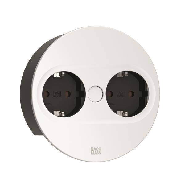 Prise double ronde blanche sur fond gris.