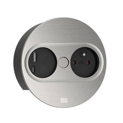 Prise ronde de style inox avec deux ports USB et une prise Schuko.