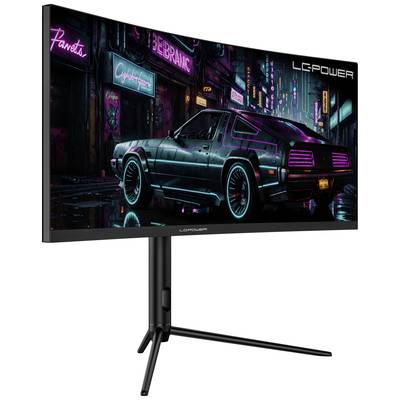 Moniteur incurvé de LC-Power présentant une scène urbaine futuriste avec une voiture la nuit, éclairée par des lumières néon.