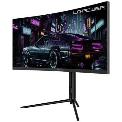Une voiture futuriste traverse une ville cyberpunk la nuit. Des enseignes lumineuses au néon bordent la route, dont le logo 'LC POWER'.