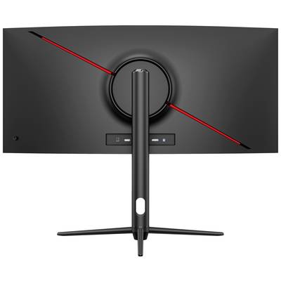Vue arrière d'un écran d'ordinateur incurvé avec un accent rouge et un support. Ports DisplayPort et HDMI visibles.