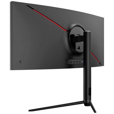 Un moniteur incurvé vu de dos, au design noir avec des touches rouges, affichant des ports au centre inférieur et doté d'un support noir épuré.