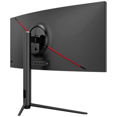 Un grand moniteur incurvé avec un boîtier noir et un accent rouge à l'arrière. Le moniteur est posé sur un support élancé.