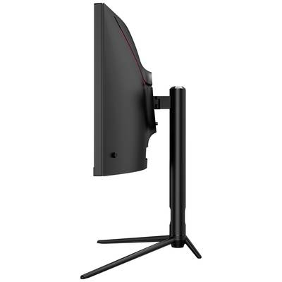 Vue latérale d'un moniteur d'ordinateur noir et rouge sur un support avec un bras réglable et trois pieds.