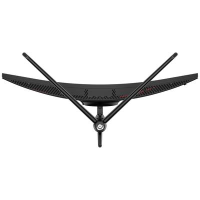 Dos d'un moniteur incurvé avec deux pieds en forme de V et un support central.