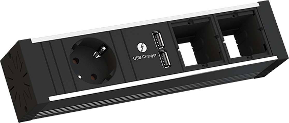 'Bloc multiprises noir avec prise européenne, deux ports de chargement USB et deux emplacements libres, adapté pour un usage de bureau ou domestique.'