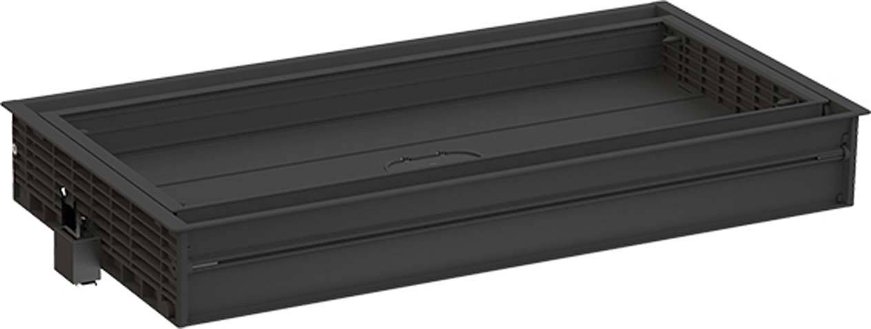 Un boîtier rectangulaire en métal noir avec des fentes de ventilation, adapté aux dispositifs électroniques ou aux installations techniques.