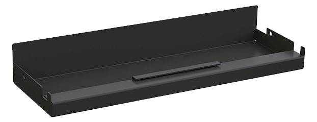 Une étagère rectangulaire en métal noir avec un rebord surélevé, conçue pour être fixée au mur et destinée au rangement.