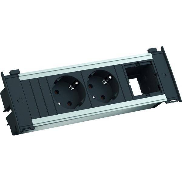 Une barrette d'alimentation rectangulaire avec deux prises électriques et un port réseau, intégrée dans un support gris.