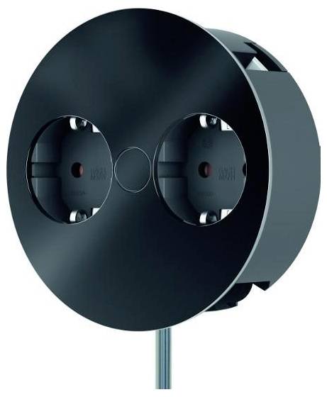 Une prise électrique ronde de couleur noire, comportant deux prises, fixée au mur, probablement destinée à un usage domestique ou de bureau.