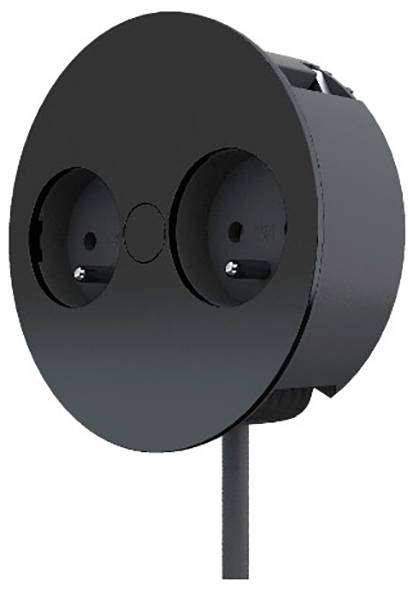 Une prise électrique ronde, noire, à double sortie avec deux ouvertures de prise et un câble d'alimentation sortant du bas.