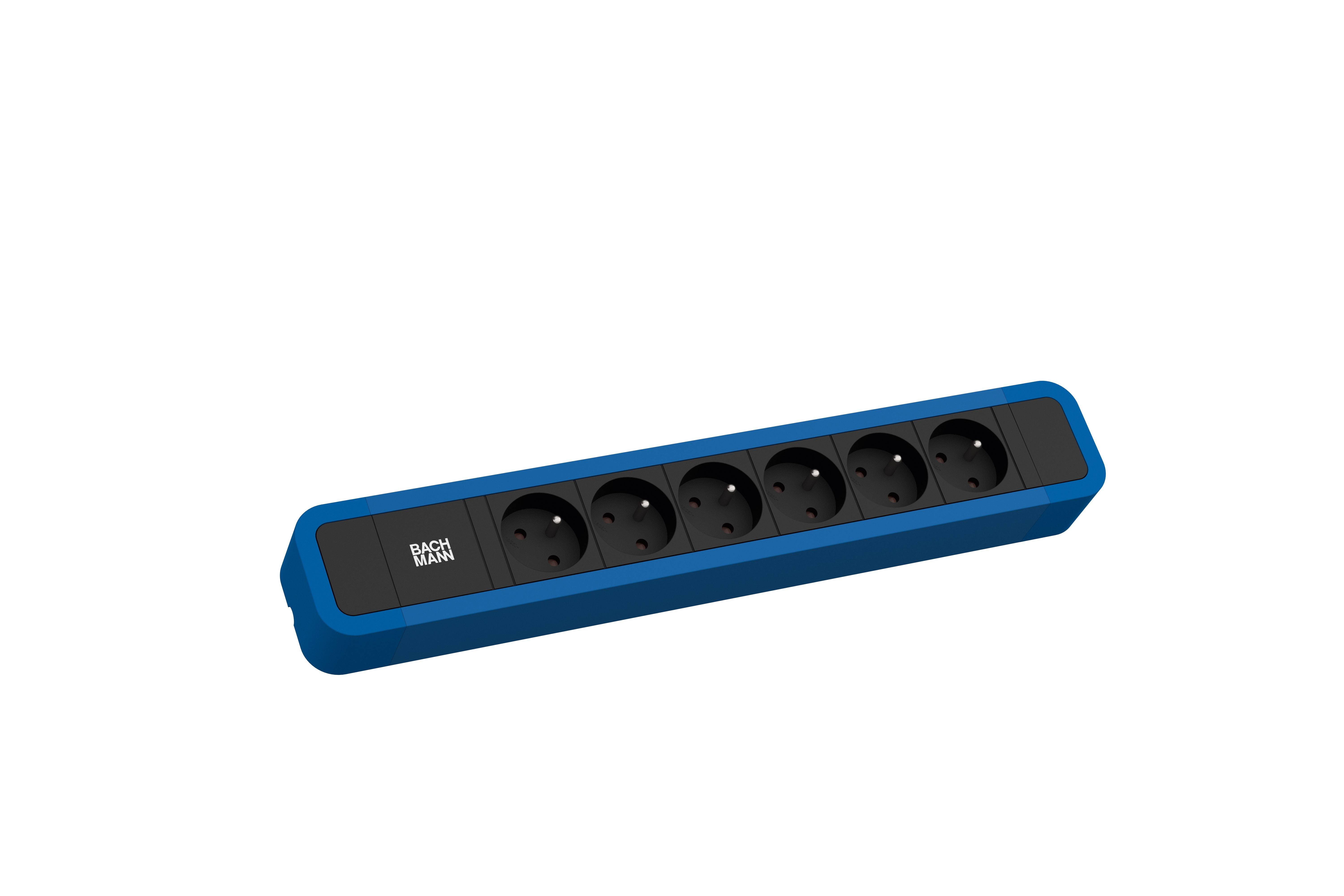 Multiprise à six emplacements en bleu avec des prises noires, adaptée pour connecter plusieurs appareils électriques.