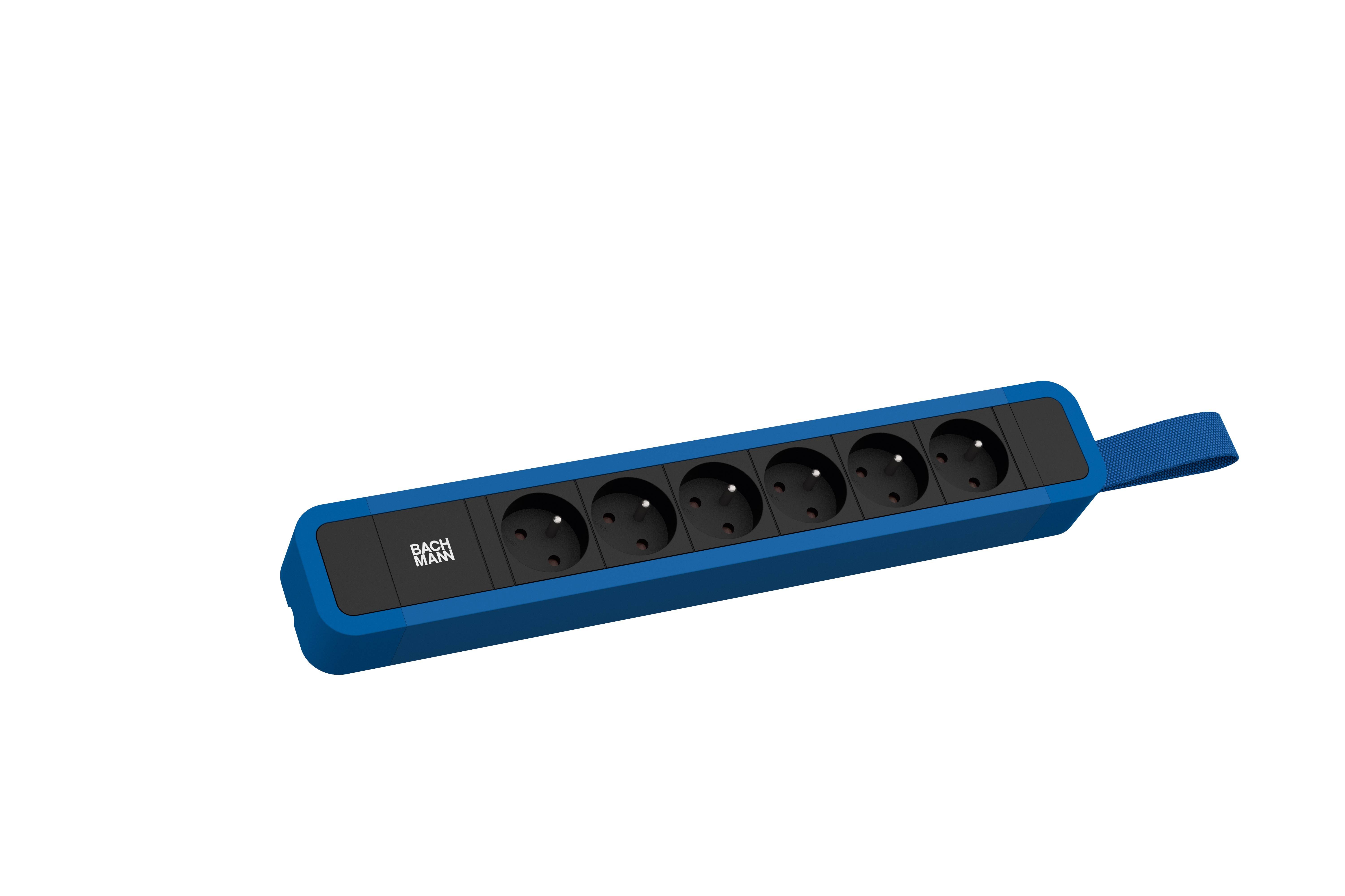Bloc multiprises bleu avec six emplacements noirs et une poignée pratique sur la gauche.