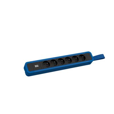 Bloc multiprises bleu avec six emplacements noirs et une poignée pratique sur la gauche.
