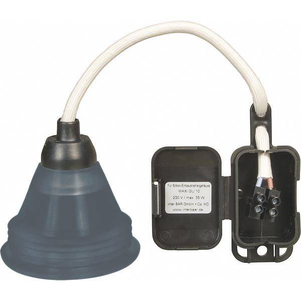 Une boîte de connexion noire étanche avec un court câble et un support de lampe. Parfaite pour l'éclairage extérieur.