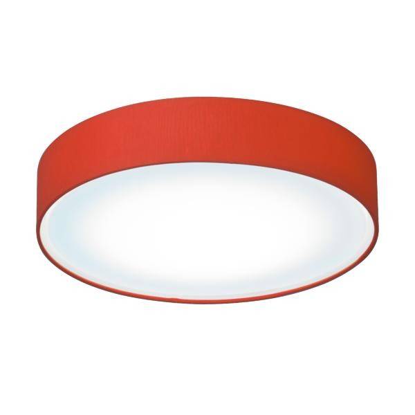 Plafonnier circulaire avec cadre rouge et diffuseur lumineux blanc, émettant une lumière uniforme.