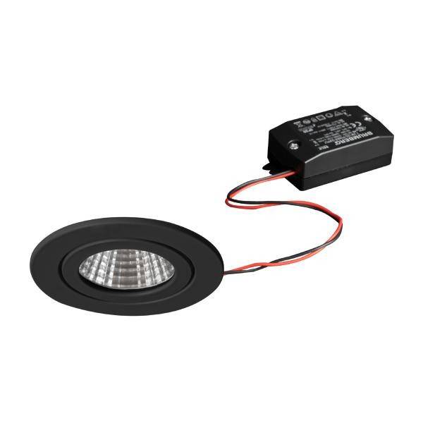 Projecteur encastré au plafond à LED noir avec boîte de raccordement et câble.