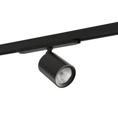 Projecteur de plafond noir avec tête lumineuse cylindrique, monté sur rail, permettant d'orienter la lumière dans les espaces intérieurs.