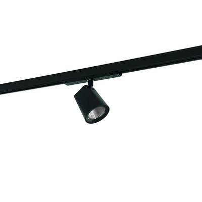 Un projecteur noir sur rail avec une lampe cylindrique suspendu au plafond, adapté pour un éclairage précis dans les espaces intérieurs.