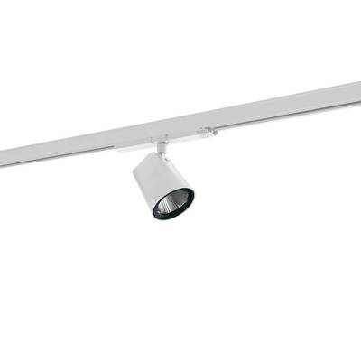 Un projecteur blanc unique monté sur rail, incliné pour un éclairage directionnel, sur un fond neutre.