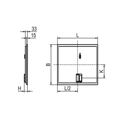 Dessin technique d'un composant rectangulaire avec les dimensions L, B, H, K, L/2. Présente une vue de face et une vue latérale.