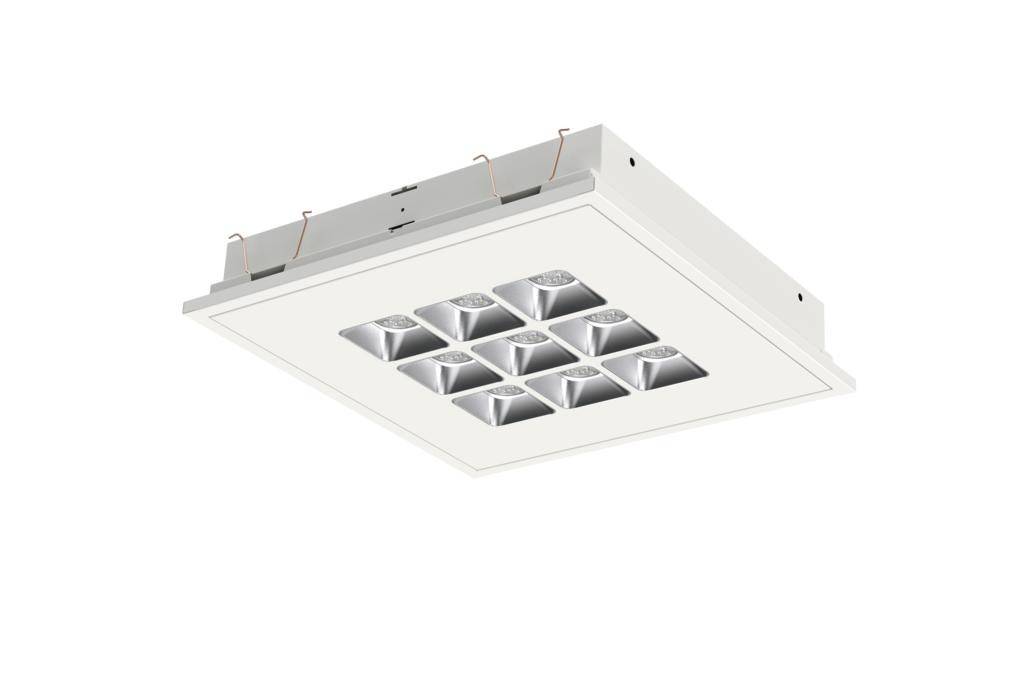 Un luminaire de plafond carré à LED avec douze réflecteurs disposés en damier, adapté aux solutions d'éclairage modernes.