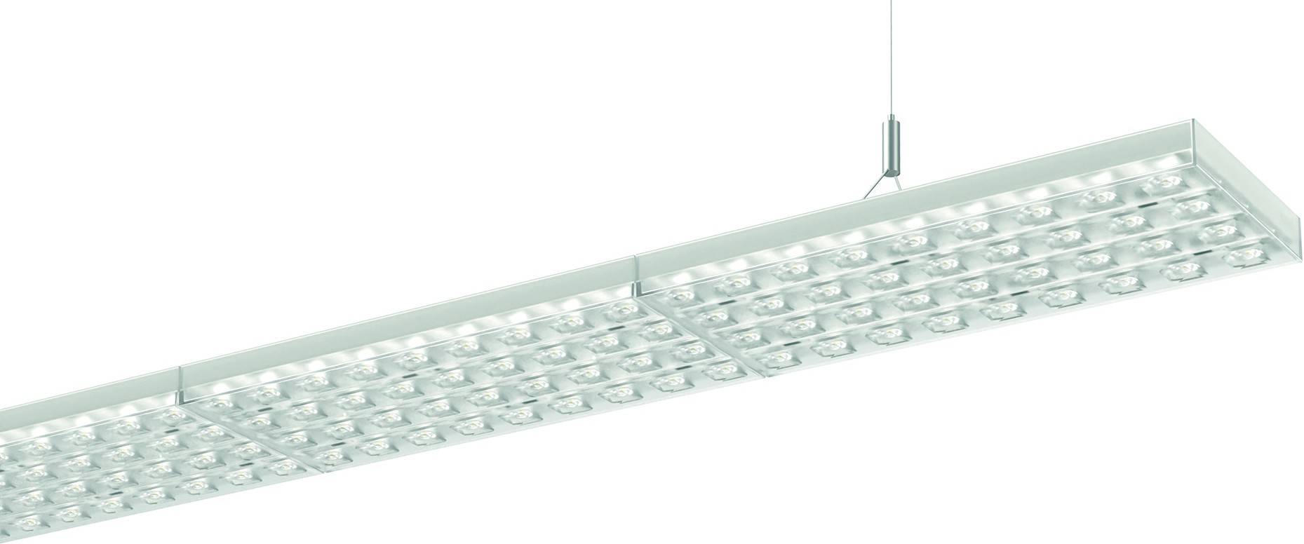 Un luminaire de plafond LED allongé au design moderne, suspendu par un fin câble au plafond.