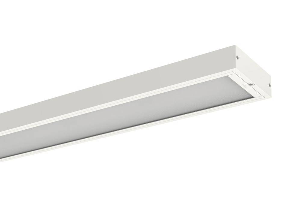 Lampe LED blanche rectangulaire au design minimaliste. Elle est suspendue au plafond et destinée à l'éclairage intérieur.