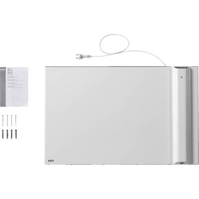 Un radiateur électrique blanc avec une fiche secteur, des vis et des chevilles pour la fixation. Un manuel d'installation en haut à gauche.