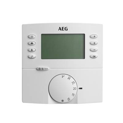 Thermostat AEG avec affichage numérique et plusieurs touches de commande, comprenant un régulateur de température et un bouton pour le mode 'Éco'.