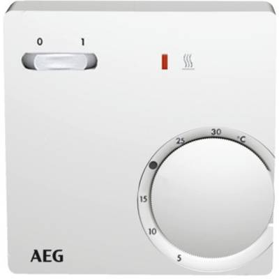 Panneau de thermostat AEG avec interrupteur 'Marche/Arrêt' et bouton rotatif réglable de 5 à 30 degrés Celsius.