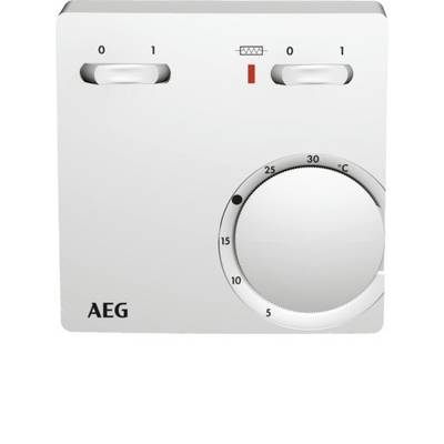 Thermostat blanc avec deux curseurs en haut (0 et 1), un symbole de chauffage entre eux et un bouton de réglage de température rond, allant de 0 à 30 °C.