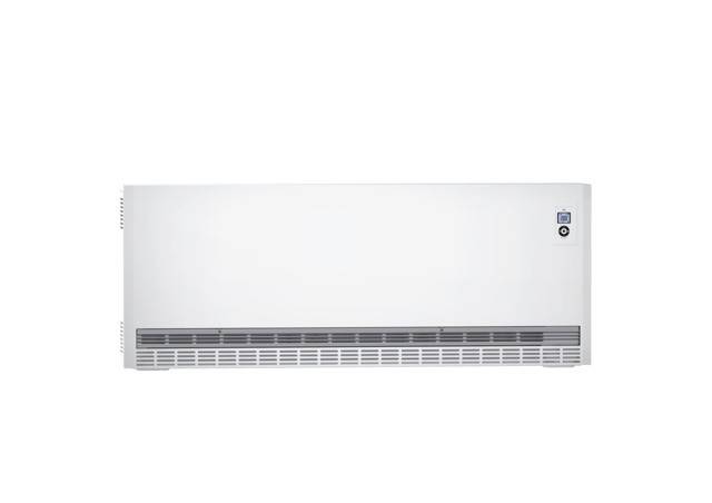 Un radiateur blanc avec des fentes d'aération en bas et un bouton central en haut à droite. Parfait pour le chauffage des espaces intérieurs.