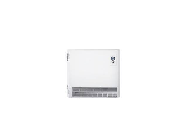 Radiateur rectangulaire blanc avec affichage numérique sur le côté, sur un fond blanc.