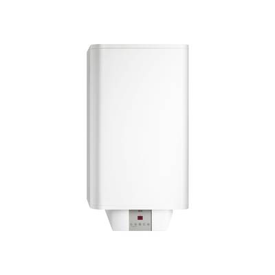Un chauffe-eau électrique blanc rectangulaire avec un affichage numérique sur sa face inférieure pour indiquer les informations de température.
