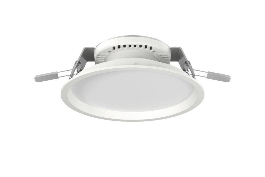 Luminaire encastré rond LED en blanc avec deux supports latéraux, adapté à l'éclairage intérieur moderne.