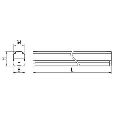 Dessin technique d'un objet rectangulaire, vue de face et de côté. Annotations : Largeur (L), Hauteur (H), Longueur (P), Largeur 64.