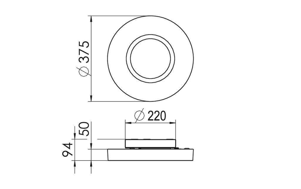 'Dessin technique d'un objet rond avec des diamètres de 375 mm et 220 mm et une hauteur de 94 mm, la vue latérale montre une base de 50 mm.'