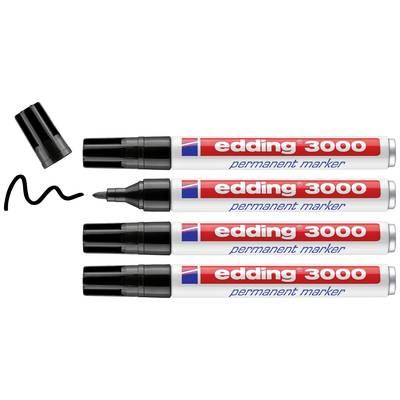 Quatre marqueurs permanents Edding 3000 en rouge, dont un sans capuchon, traçant une ligne noire. Les marqueurs sont disposés côte à côte.