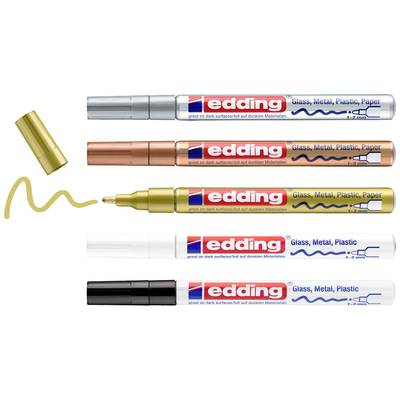 Cinq stylos feutre de différentes couleurs : Argent, Rouge, Or, Blanc et Noir. Chacun étiqueté 'Verre, Métal, Plastique, Papier'.