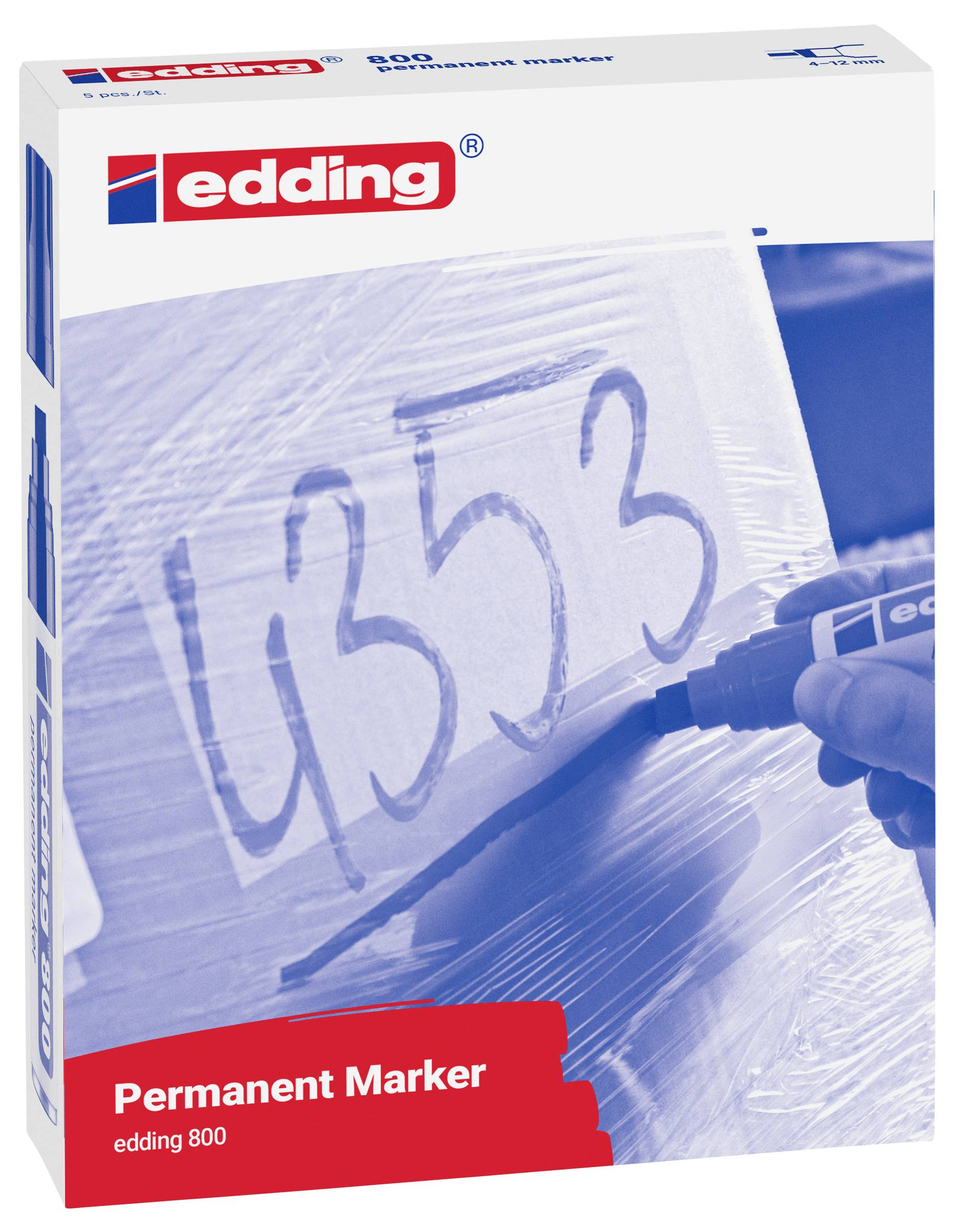 Paquet d'un marqueur permanent « edding 800 », montrant le marqueur écrivant de grands chiffres sur du film plastique.