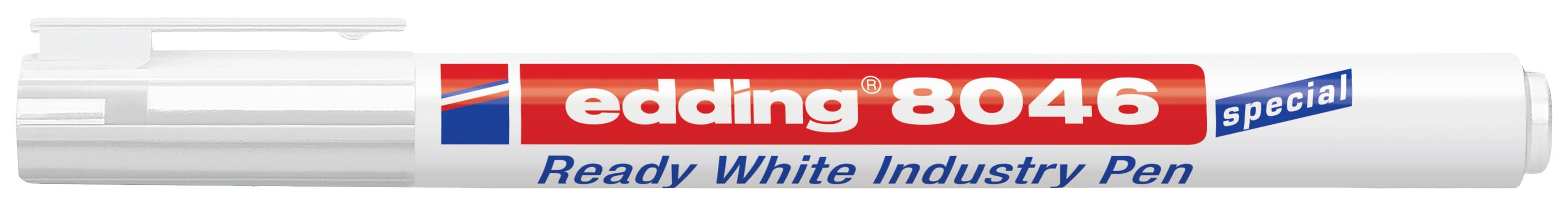 Marqueur blanc 8046, stylo spécial pour l'industrie, portant l'inscription 'Ready White Industry Pen'.