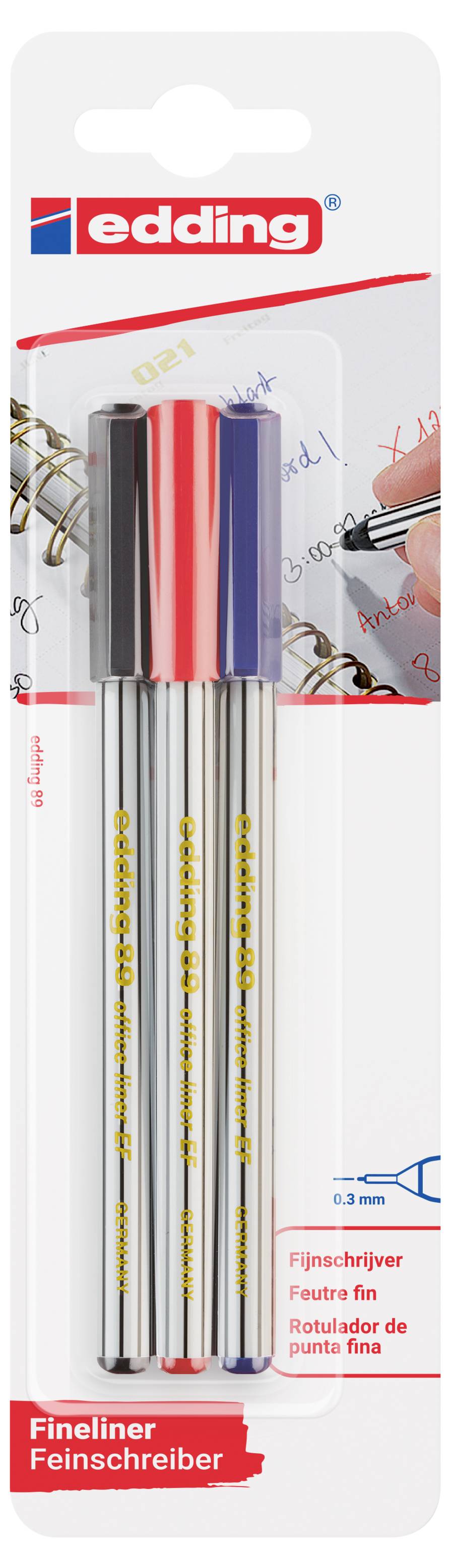 Edding 4-89-3-1999 Stylo feutre fin noir, rouge, bleu 0.3 mm 3 pc(s)-1