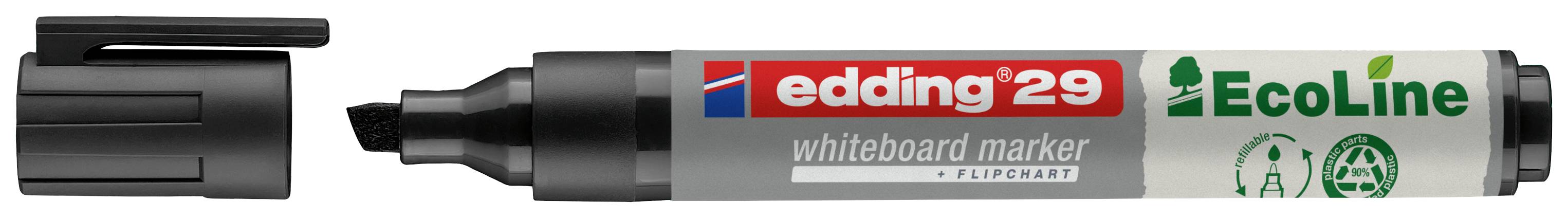 Sur l'image, on voit un marqueur noir Eddings, modèle 'EcoLine 29', avec son capuchon retiré. Il est particulièrement écologique.
