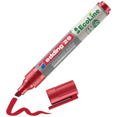 Marqueur rouge pour tableau blanc 'edding 29 EcoLine' avec capuchon retiré, à côté duquel se trouve une ligne rouge. Durable et écologique.
