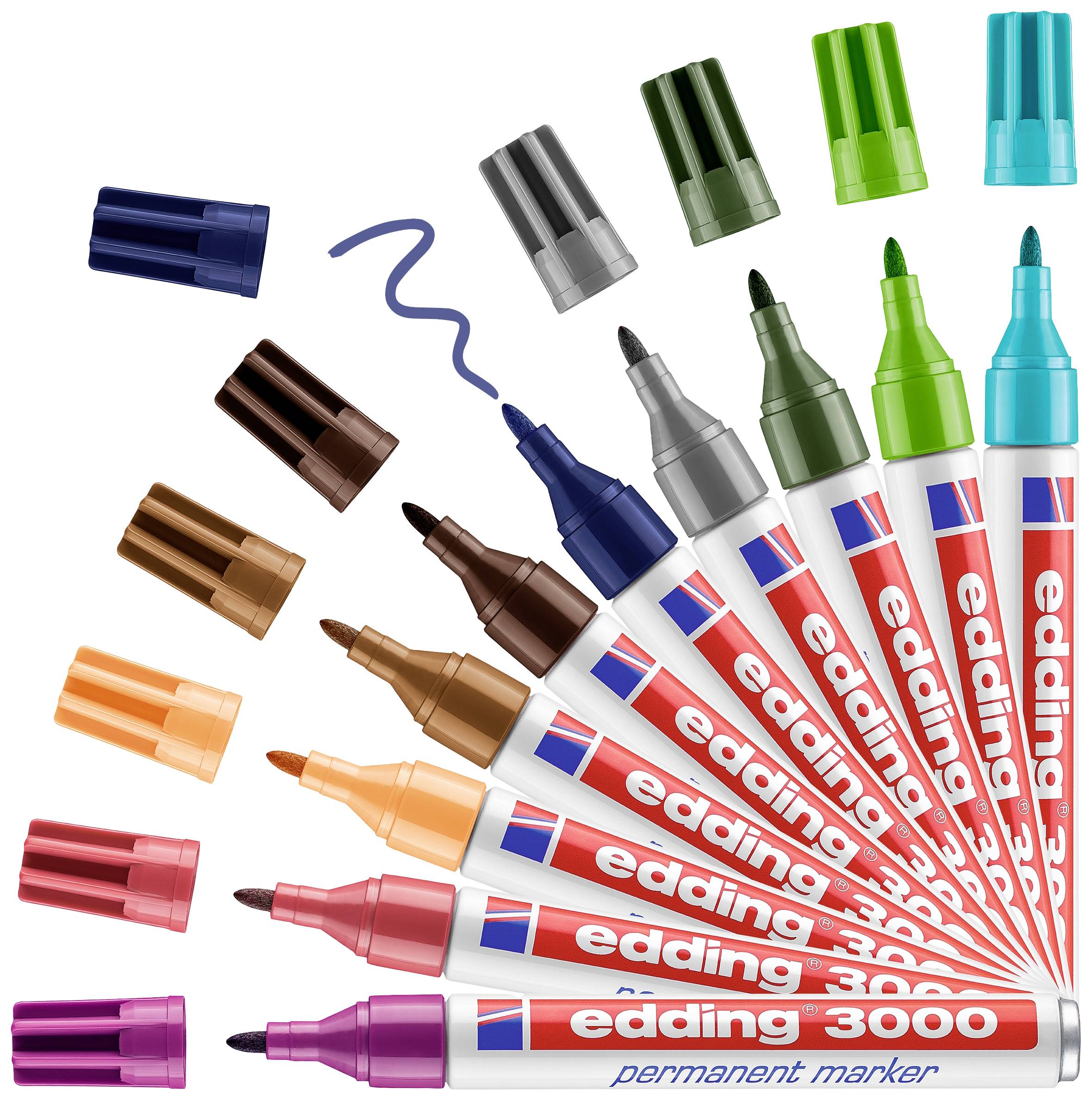Douze marqueurs permanents Edding de différentes couleurs disposés en éventail, avec leurs capuchons retirés et une ligne bleue.