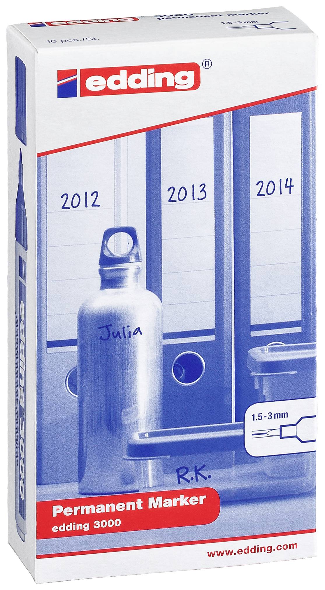 Emballage de marqueurs permanents edding. L'impression montre un classeur avec des années 2012, 2013, 2014 et une bouteille de boisson étiquetée.